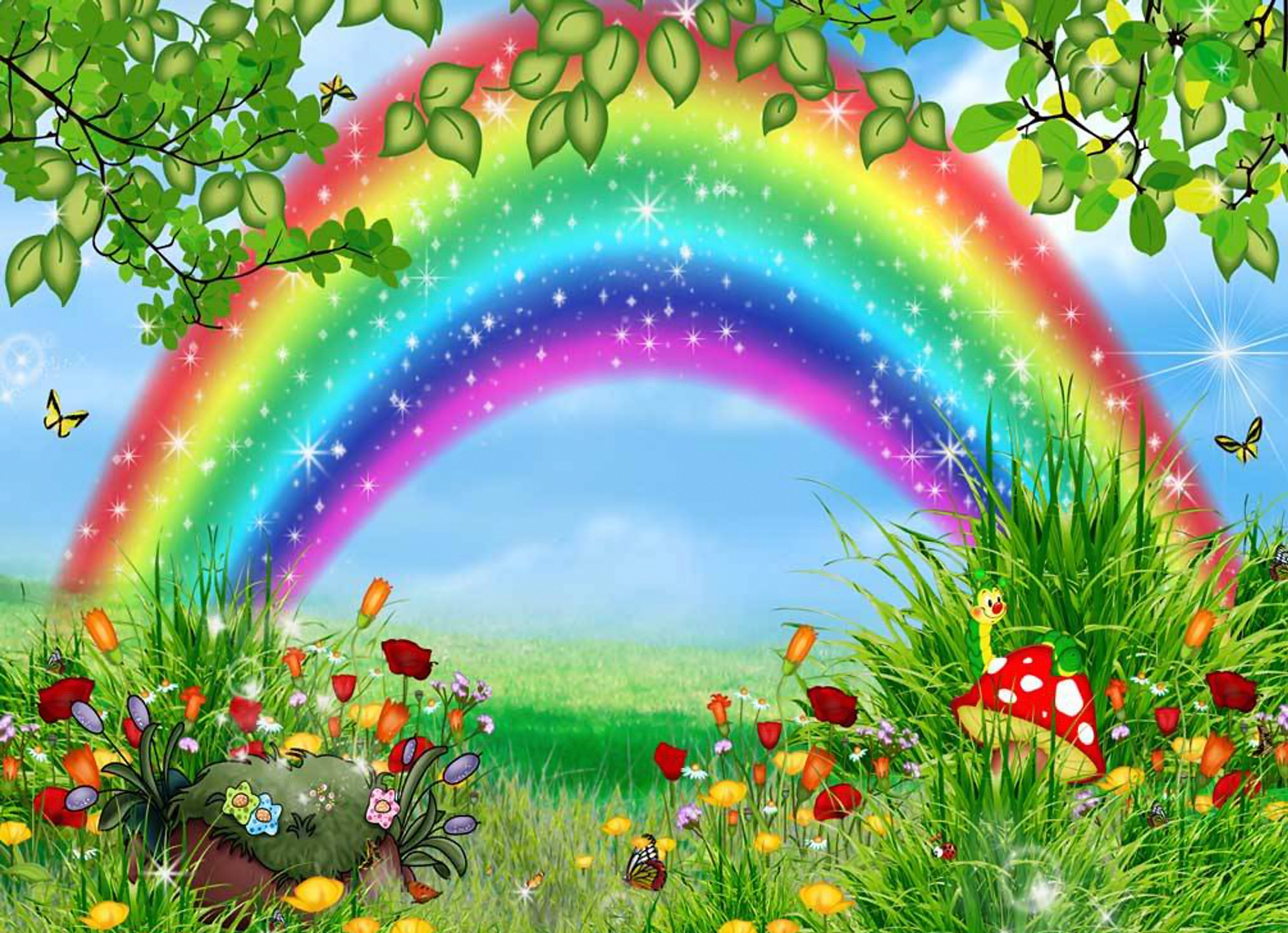 Группа цветы и природа. Сказочный фон. Разноцветное лето. Фон для садика. Радуга для детей.